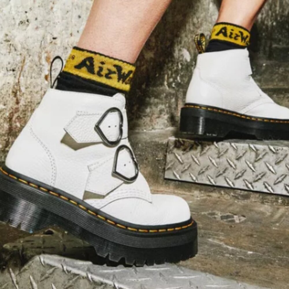 Devon Heart Leather Platform Boots in White Devon Heart Leather Platform Boots